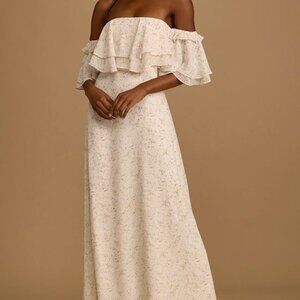 Lulus - Cream Floral Print Off-the-shoulder Ruffled Maxi Dress - Beige
